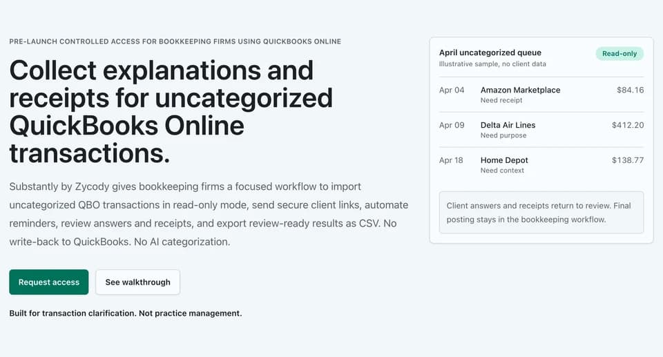Substantly public product screenshot showing a read-only uncategorized transaction queue
