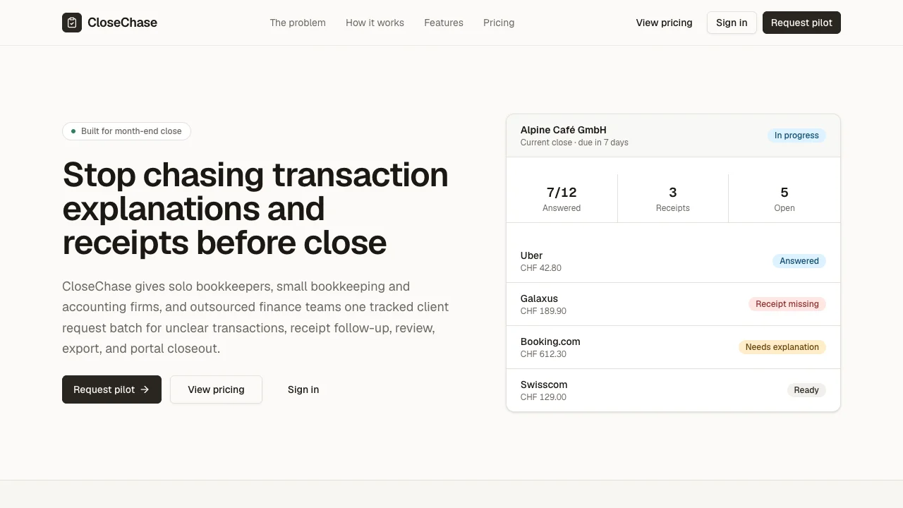 CloseChase public homepage showing an illustrative month-end transaction request batch